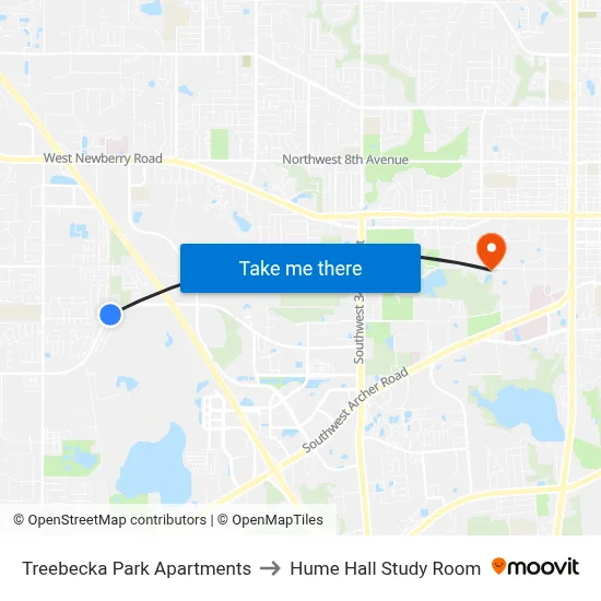Treebecka Park Apartments to Hume Hall Study Room map