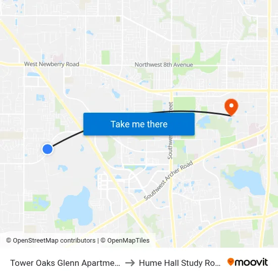 Tower Oaks Glenn Apartments to Hume Hall Study Room map