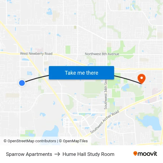 Sparrow Apartments to Hume Hall Study Room map