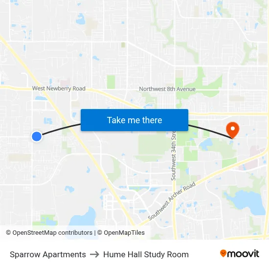 Sparrow Apartments to Hume Hall Study Room map