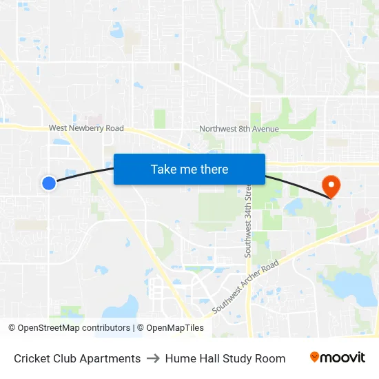 Cricket Club Apartments to Hume Hall Study Room map