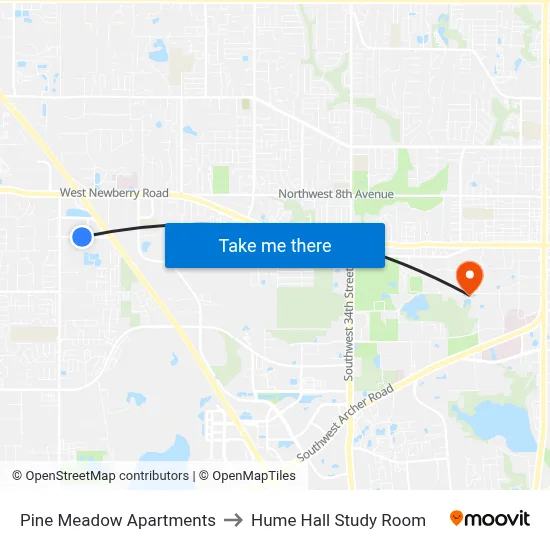 Pine Meadow Apartments to Hume Hall Study Room map