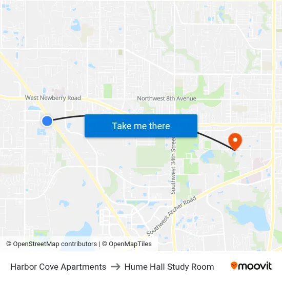 Harbor Cove Apartments to Hume Hall Study Room map