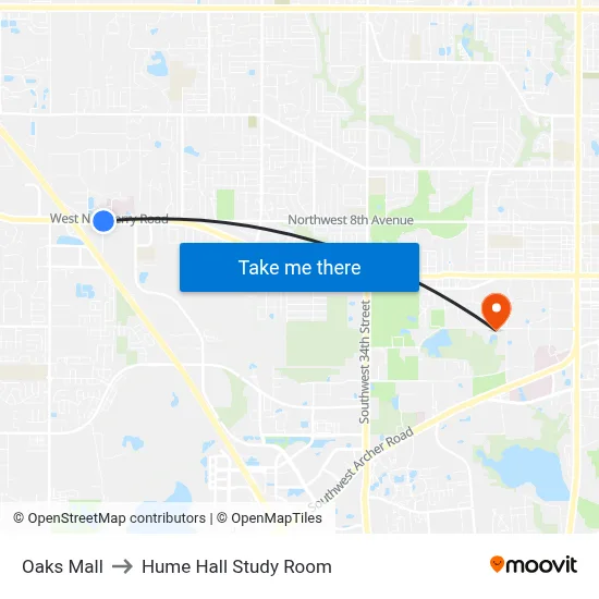 Oaks Mall to Hume Hall Study Room map