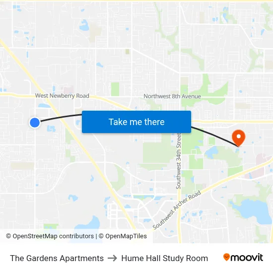 The Gardens Apartments to Hume Hall Study Room map