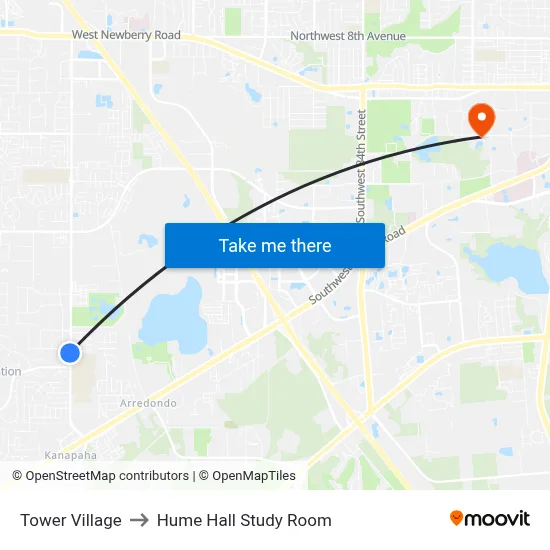 Tower Village to Hume Hall Study Room map