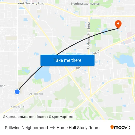 Stillwind Neighborhood to Hume Hall Study Room map