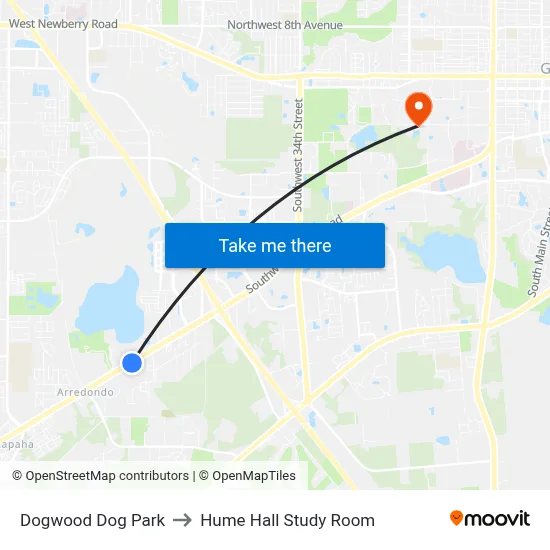 Dogwood Dog Park to Hume Hall Study Room map