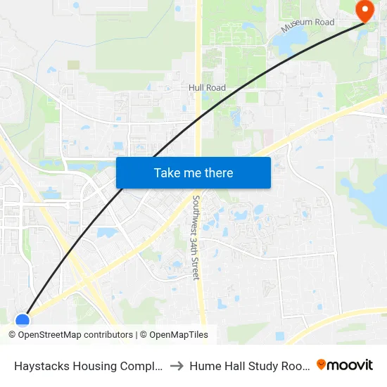 Haystacks Housing Complex to Hume Hall Study Room map