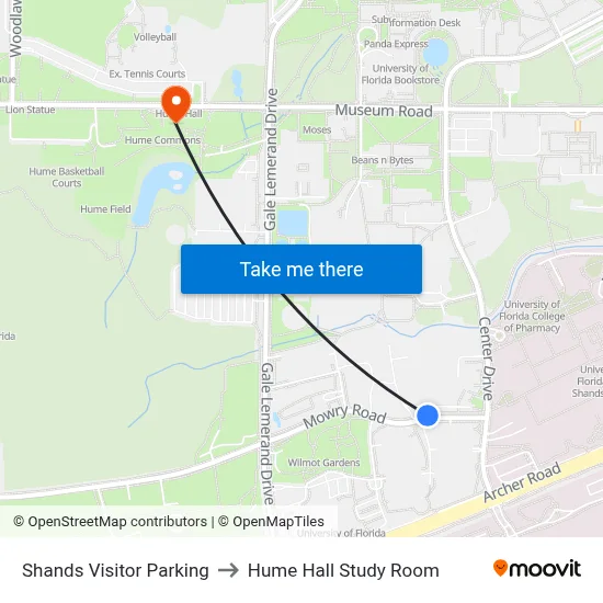 Shands Visitor Parking to Hume Hall Study Room map