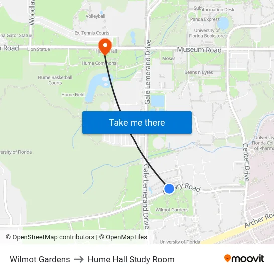 Wilmot Gardens to Hume Hall Study Room map