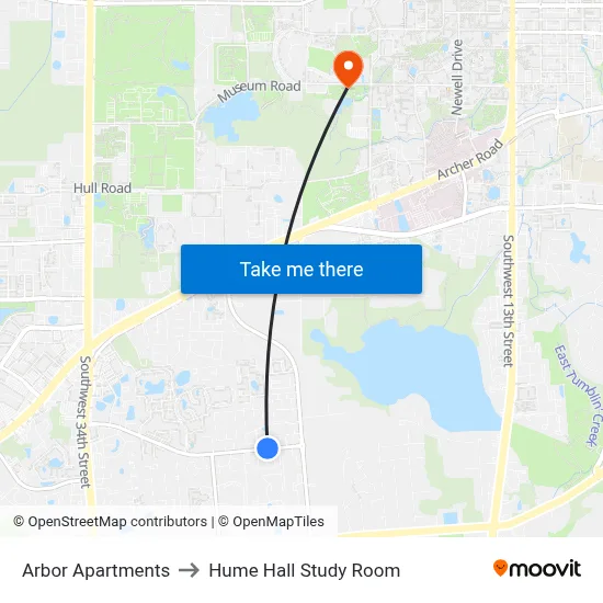 Arbor Apartments to Hume Hall Study Room map