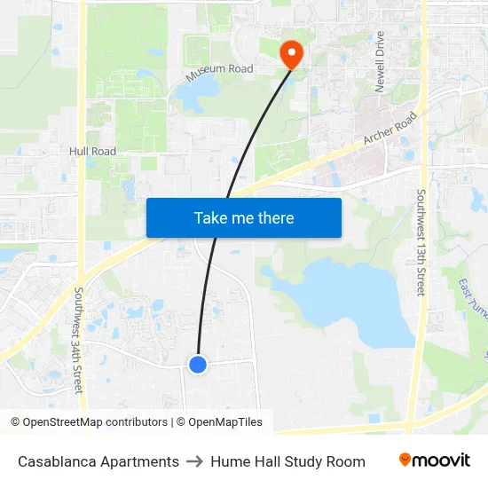 Casablanca Apartments to Hume Hall Study Room map