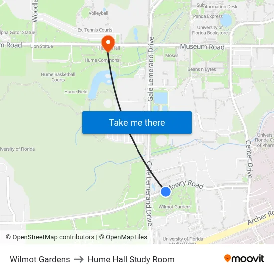 Wilmot Gardens to Hume Hall Study Room map