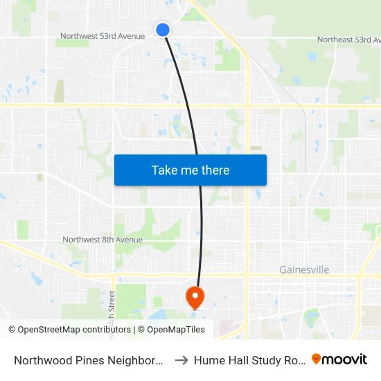Northwood Pines Neighborhood to Hume Hall Study Room map
