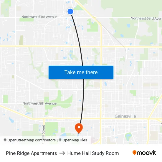 Pine Ridge Apartments to Hume Hall Study Room map