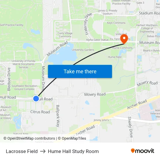 Lacrosse Field to Hume Hall Study Room map
