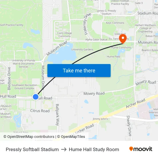 Pressly Softball Stadium to Hume Hall Study Room map