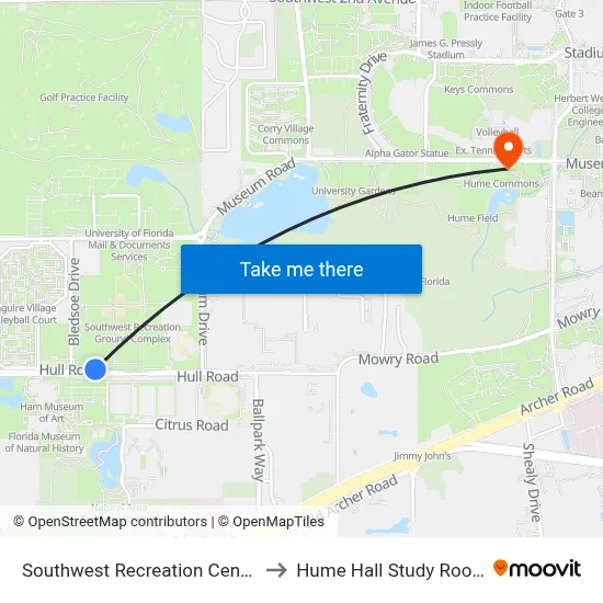 Southwest Recreation Center to Hume Hall Study Room map