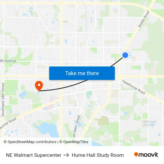 NE Walmart Supercenter to Hume Hall Study Room map