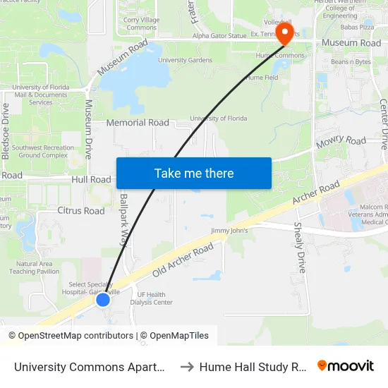 University Commons Apartments to Hume Hall Study Room map