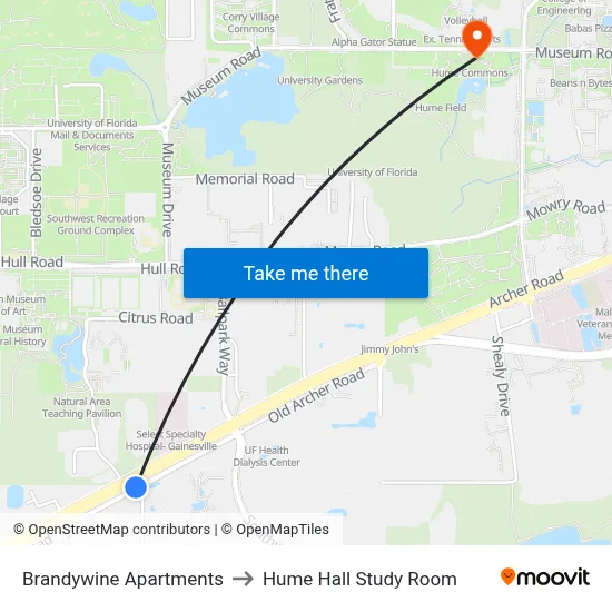 Brandywine Apartments to Hume Hall Study Room map