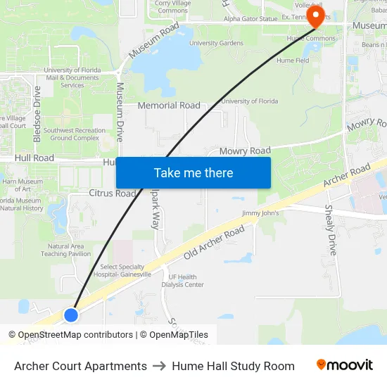 Archer Court Apartments to Hume Hall Study Room map