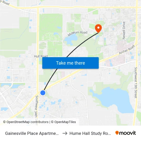Gainesville Place Apartments to Hume Hall Study Room map