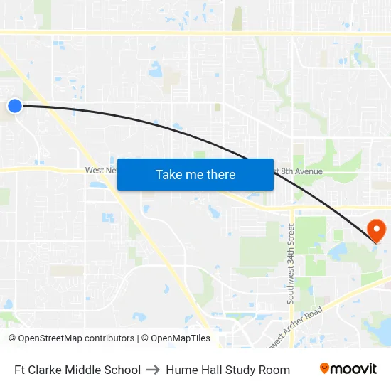 Ft Clarke Middle School to Hume Hall Study Room map