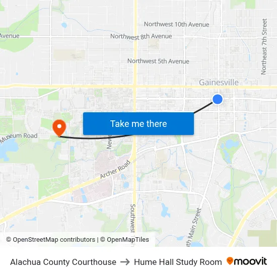 Alachua County Courthouse to Hume Hall Study Room map