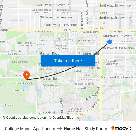 College Manor Apartments to Hume Hall Study Room map