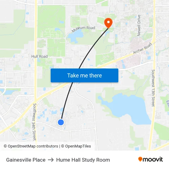 Gainesville Place to Hume Hall Study Room map