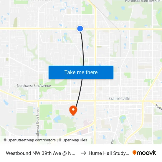 Westbound NW 39th Ave @ NW 19th Ter to Hume Hall Study Room map