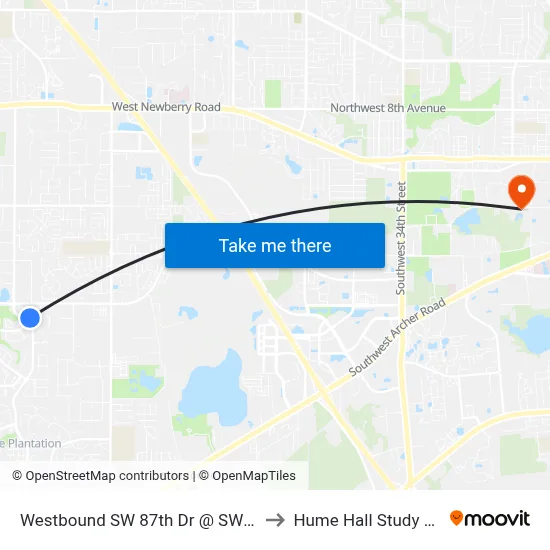 Westbound SW 87th Dr @ SW 91st St to Hume Hall Study Room map