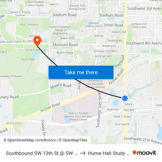 Southbound SW 13th St @ SW 14th Ave to Hume Hall Study Room map