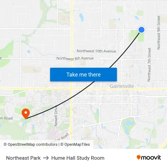 Northeast Park to Hume Hall Study Room map