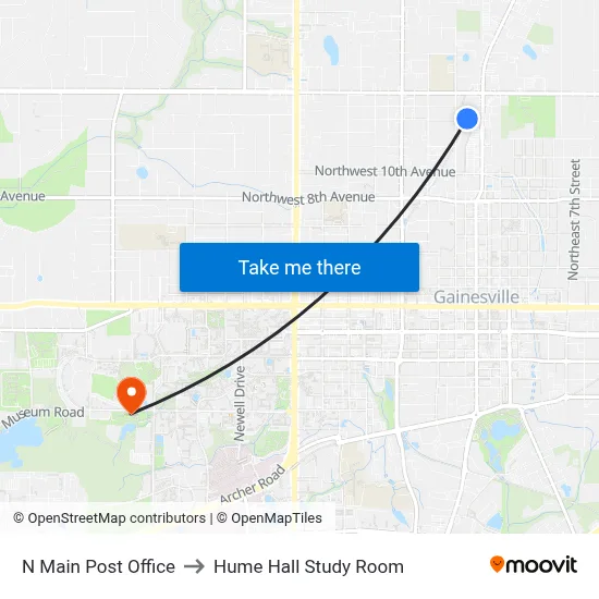 N Main Post Office to Hume Hall Study Room map