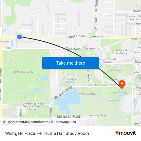 Westgate Plaza to Hume Hall Study Room map