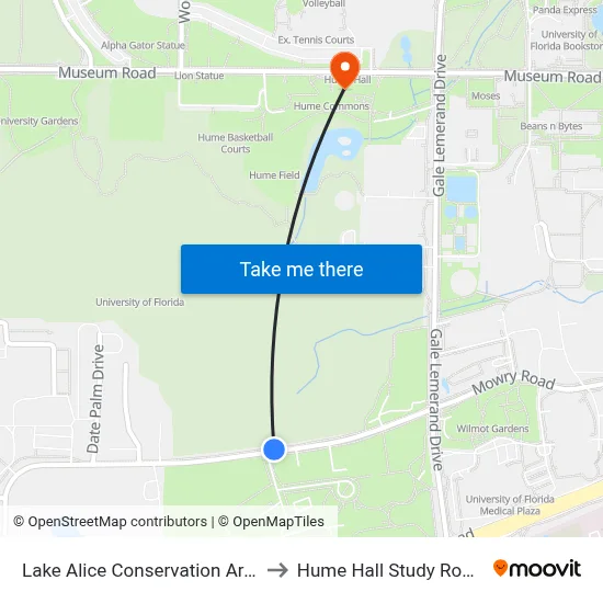 Lake Alice Conservation Area to Hume Hall Study Room map