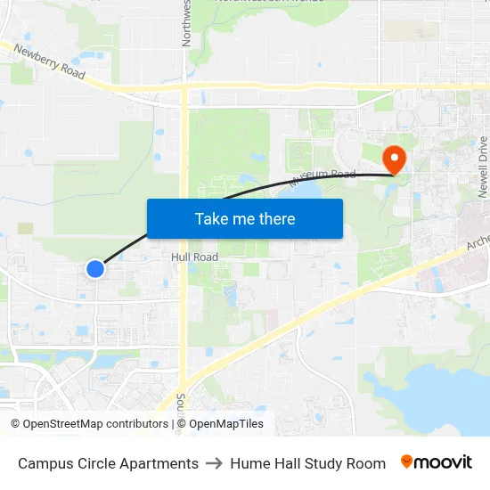 Campus Circle Apartments to Hume Hall Study Room map