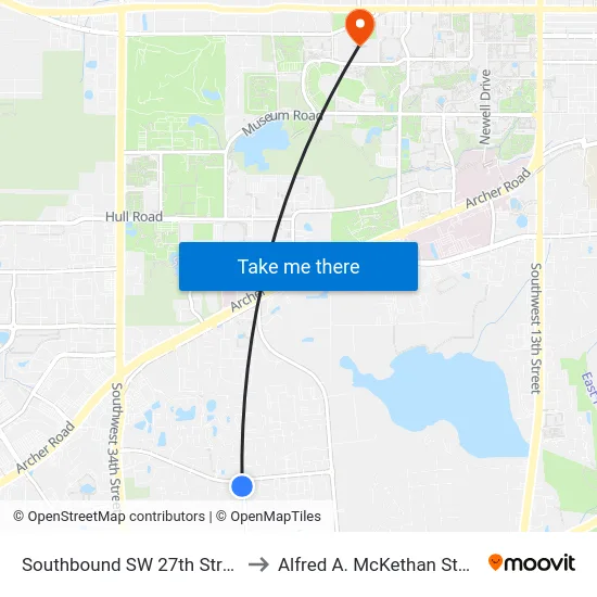 Southbound SW 27th Street @ SW 35th Place to Alfred A. McKethan Stadium at Perry Field map