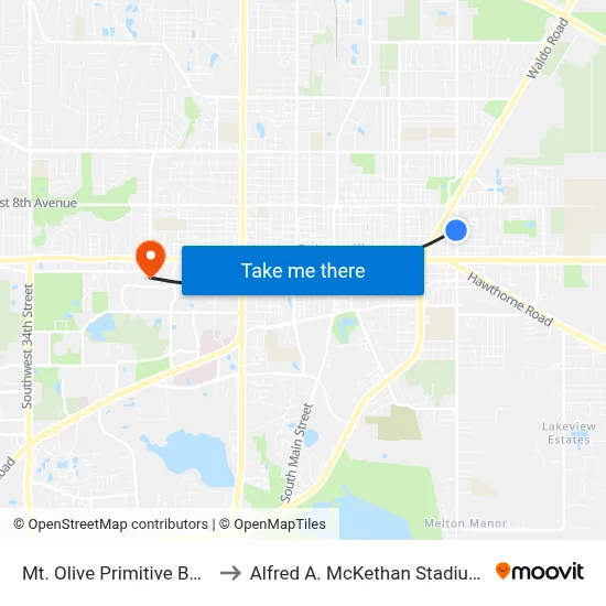 Mt. Olive Primitive Baptist Church to Alfred A. McKethan Stadium at Perry Field map
