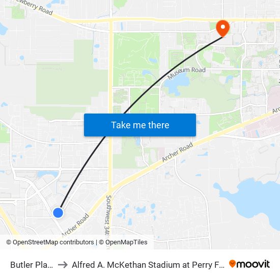 Butler Plaza to Alfred A. McKethan Stadium at Perry Field map