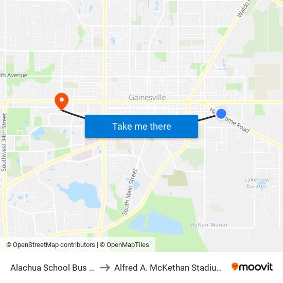 Alachua School Bus Parking Lot to Alfred A. McKethan Stadium at Perry Field map