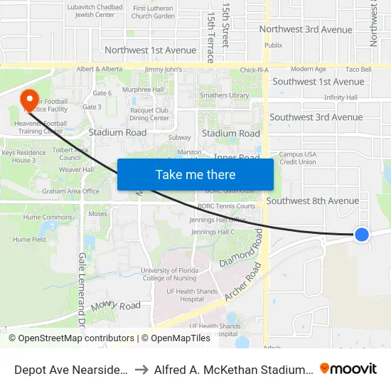 Depot Ave Nearside SW 9th St to Alfred A. McKethan Stadium at Perry Field map