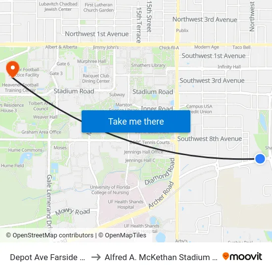 Depot Ave Farside SW 6th St to Alfred A. McKethan Stadium at Perry Field map