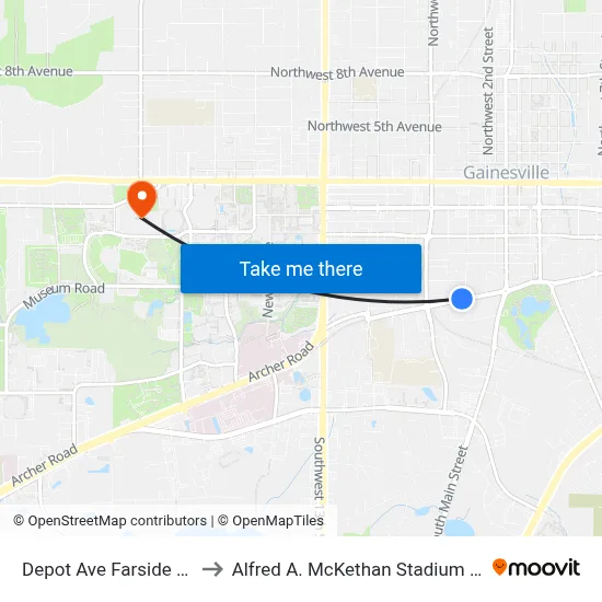 Depot Ave Farside SW 3rd St to Alfred A. McKethan Stadium at Perry Field map
