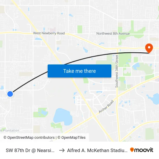 SW 87th Dr @ Nearside SW 27th Ln to Alfred A. McKethan Stadium at Perry Field map