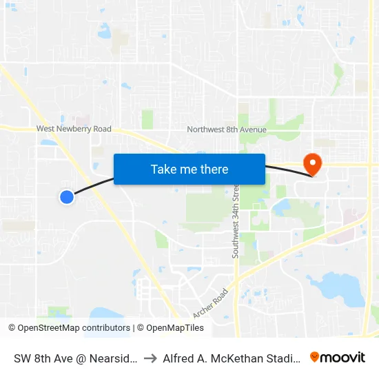 SW 8th Ave @ Nearside SW 67th Terr to Alfred A. McKethan Stadium at Perry Field map