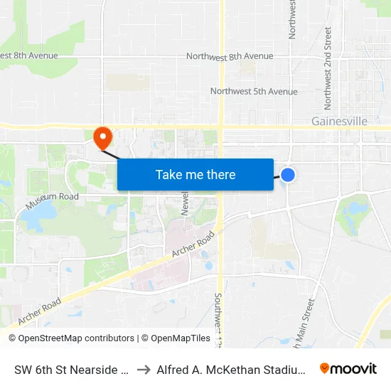 SW 6th St Nearside SW 5th Ave to Alfred A. McKethan Stadium at Perry Field map